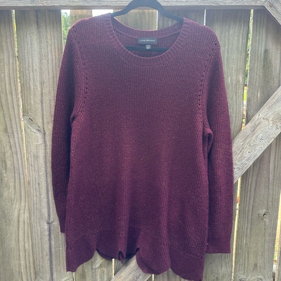 Lane Bryant Metallic Stitched Maroon Scalloped Hem Pullover Crew Neck Sweater - Picture 2 of 8